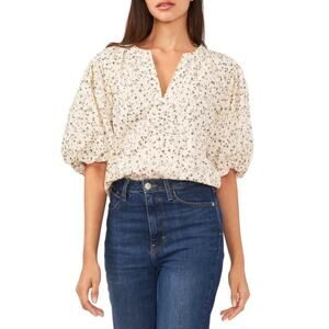 Vince Camuto Women's Birch Floral Print Split Neck Puff Sleeve Top Size M